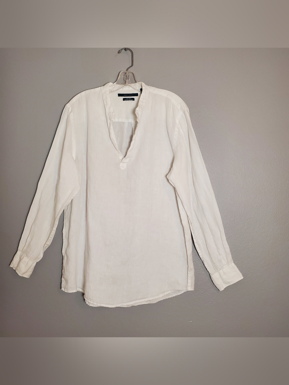 Perry Ellis Shirt Mens Medium White Linen Long Sleeve Popover Cabana Summer
